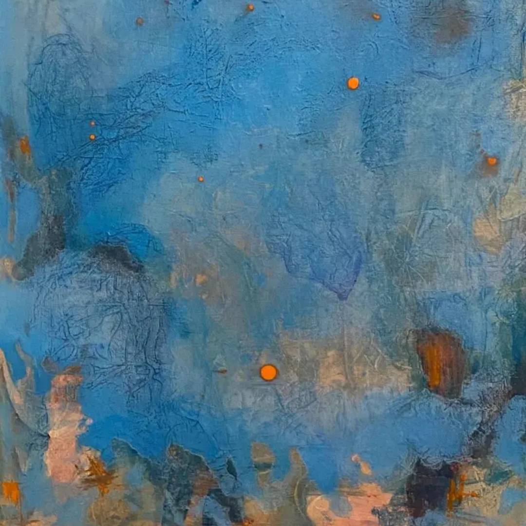 Abstract blue painting with orange dots.