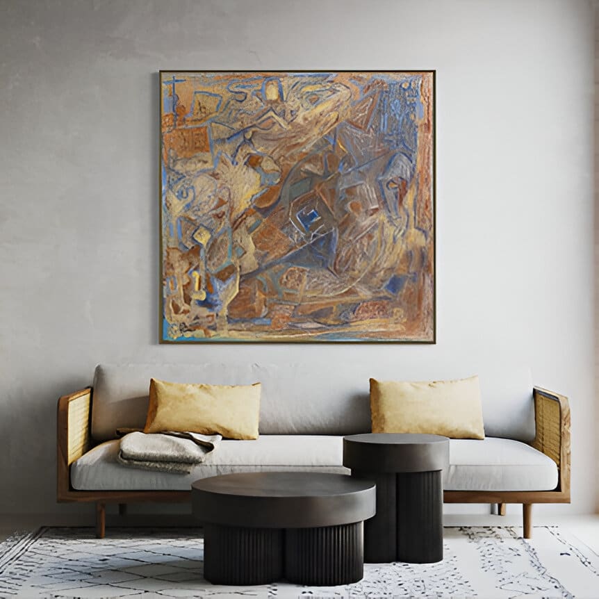 A painting of an abstract scene in the middle of a living room.