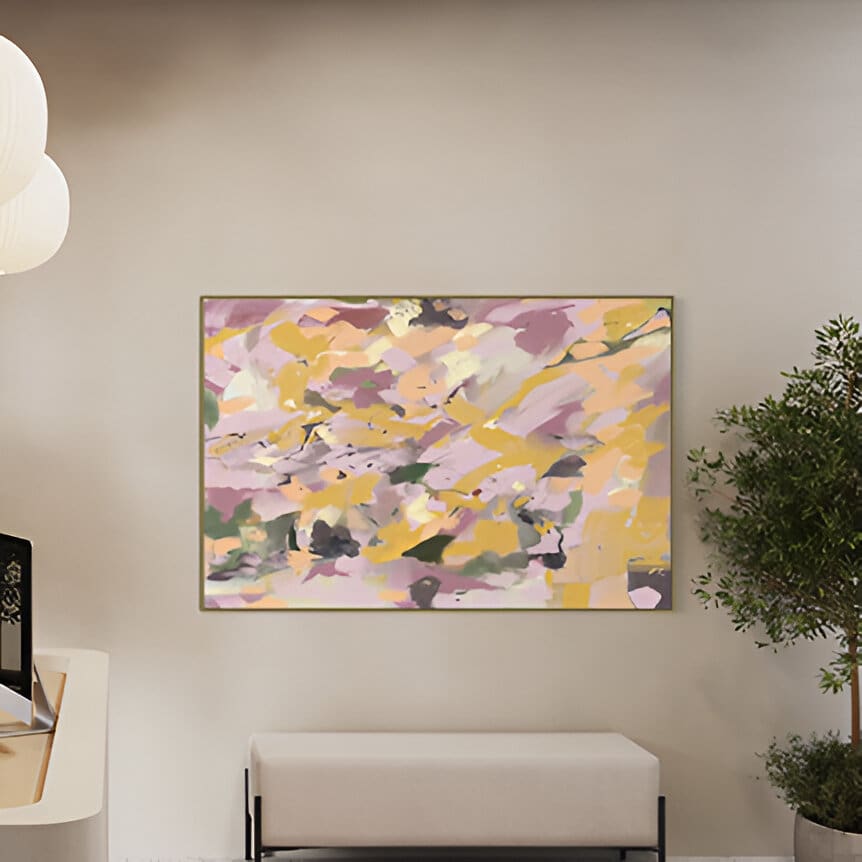 A painting of yellow and pink flowers on the wall.