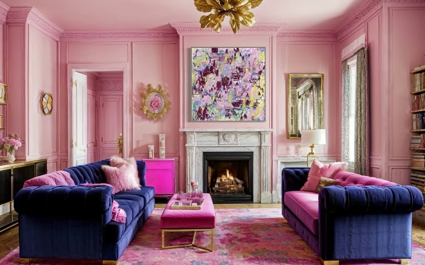 A living room with pink walls and blue furniture.