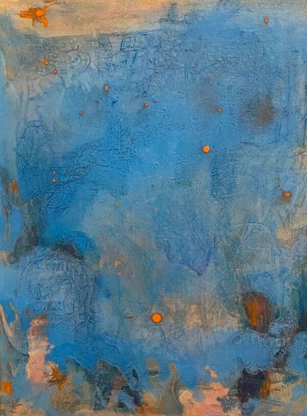 A blue painting with orange spots on it.