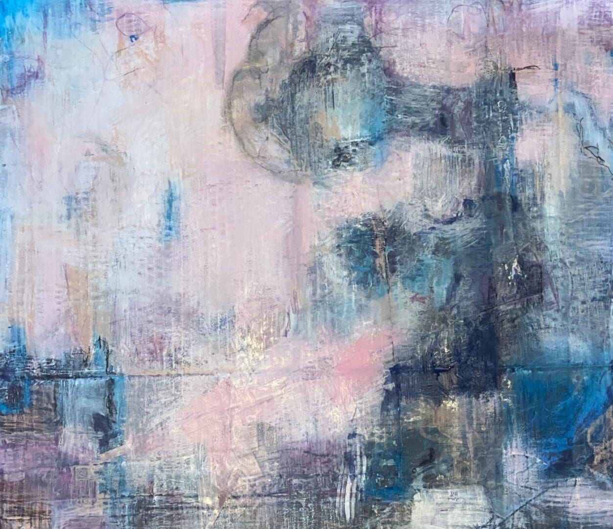 A painting of blue and pink abstract shapes