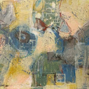 Textured blue and yellow abstract painting close-up